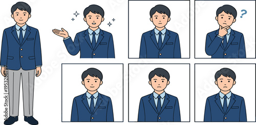 Collection of illustrations depicting a young man in a school uniform expressing various emotions and poses