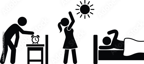 Silhouette of morning routine waking up, alarm clock and stretching, daily lifestyle concept, sleep and wake cycle, healthy routine illustration