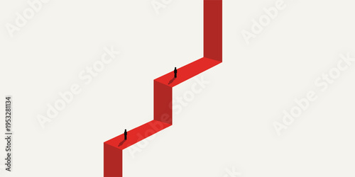Two small figures ascend a red zigzag path against a plain background, symbolizing a challenging journey or progress.