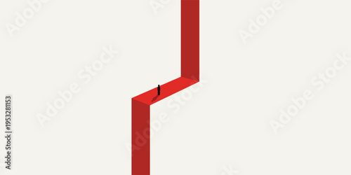 A solitary figure traversing a red angular 3D line on a simple light background.