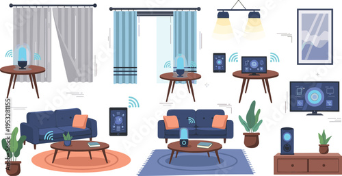 Modern smart home living room furniture set with connected IoT devices voice assistants speakers and automated lighting