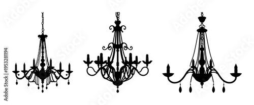 Chandelier lighting silhouette set with overhead elegant crystal and bronze filigree casting dramatic shadows featuring crystal, bronze, shadows with studio lighting and architectural interior