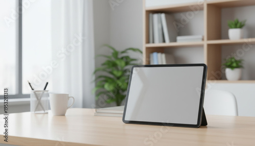 Modern Workspace Tablet on Light Wooden Desk in Bright Home Office