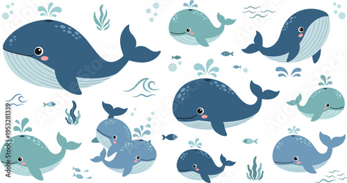 Large collection of cute blue whale vector illustrations featuring mother whales with baby calves swimming underwater with bubbles