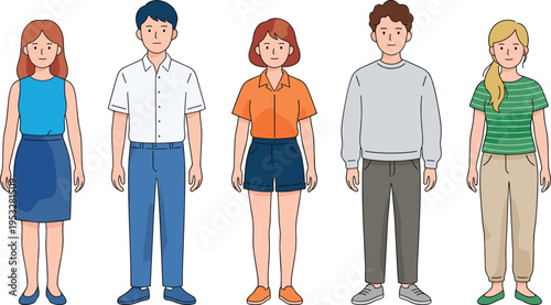 Diverse group of young adults standing side by side, showcasing different styles and individual expressions in a simple, clean illustration