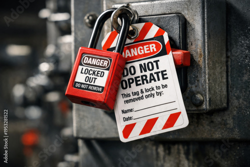 Red lockout padlock and danger warning tag for industrial safety. critical machine maintenance procedure in factory to prevent operation and ensure workplace protection