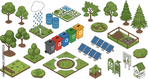 Eco-Friendly Urban Design Set Featuring Recycling Bins, Solar Panels, Trees, and Green Infrastructure