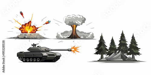 Cartoon illustration depicting explosions a tank firing and forest damage