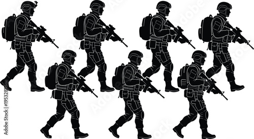 Silhouette of soldiers walking with rifles in patrol formation, military combat unit concept, armed forces security operation, tactical movement, black and white illustration