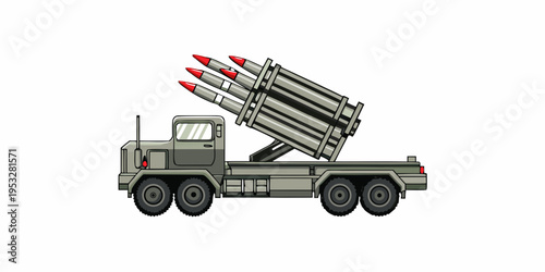 Cartoon illustration of a military missile launcher vehicle side view