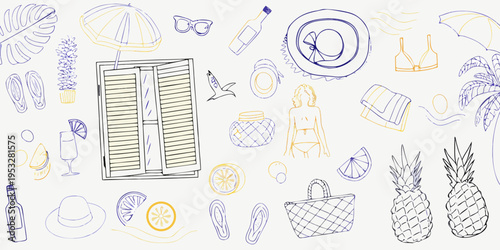 Summer vacation doodles hats swimwear tropical fruit and beach essentials