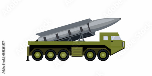 Military missile launcher vehicle on a flat white background