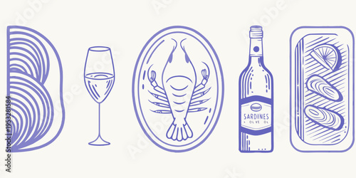 A simple line drawing showcasing seafood wine and dining elements