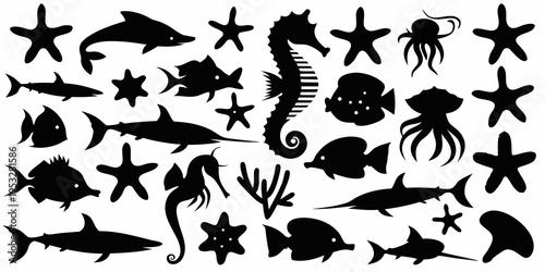 Black silhouettes of various marine life including fish sharks and seahorses