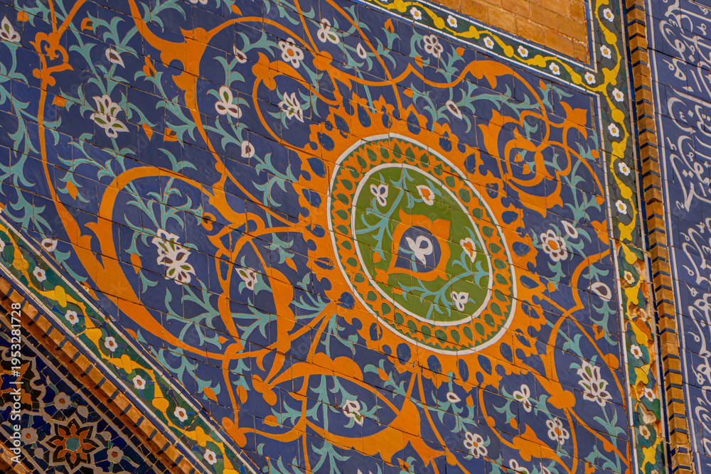 Fototapeta premium Samarkand Registan, Uzbekistan, Old light blue mosaics in Samarkand, background image
