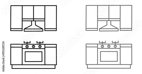 Kitchen cabinet and stove icons set with minimalist line art style for interior design home appliance and cooking related vector