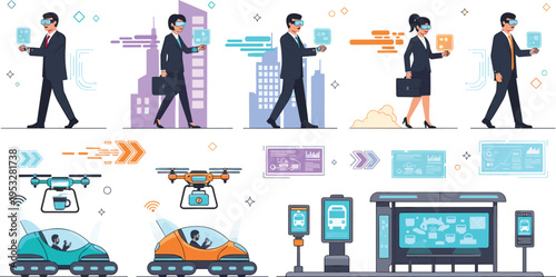 Future city life vector set featuring business people wearing VR glasses drones delivering coffee and smart autonomous electric vehicles