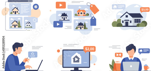 Real estate online search vector set featuring people using laptops and apps for house buying selling and property auctions
