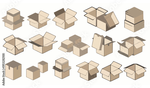 Flat cubic box collection with various angles and sizes for packaging shipping and e commerce concepts