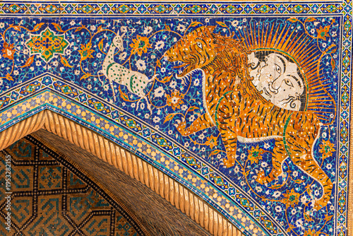 Photos Close up on the mosaic of the dome of the Madrasah on Registan square, Samarkand