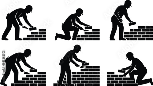 Bricklayer worker silhouettes building wall sequence, masonry construction process stages, manual labor concept, industrial builder activity isolated on white background
