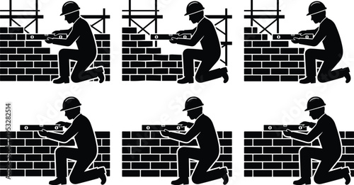 Bricklayer worker silhouettes using level tool for wall alignment, masonry construction process, building accuracy concept, manual labor isolated on white background