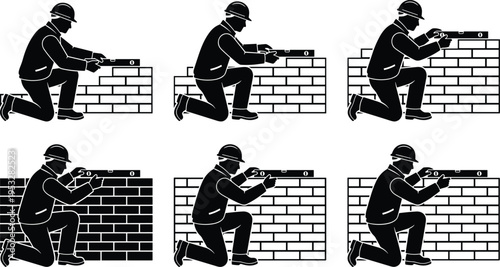 Bricklayer worker silhouettes checking wall level accuracy, masonry construction process sequence, building alignment concept, manual labor isolated on white background