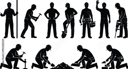 Construction worker silhouettes collection with tools and tasks, bricklaying, digging, hammering and repair activities, building industry labor isolated on white background