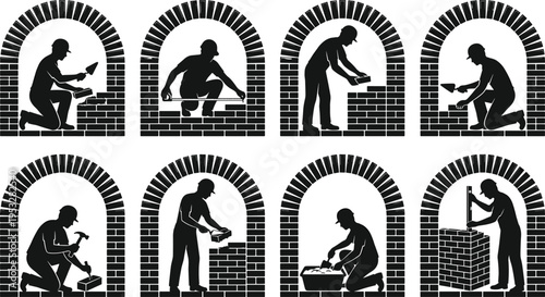 Bricklayer worker silhouettes building arch structures, masonry construction process stages, brick arch installation, manual labor concept isolated on white background