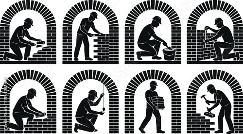 Bricklayer worker silhouettes building brick arch structures, masonry construction tasks set, wall alignment, material handling, manual labor isolated on white background