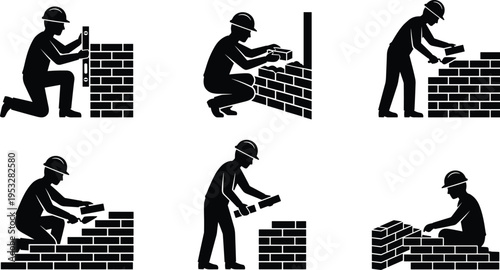 Bricklayer worker silhouettes building brick wall sequence, masonry construction process stages, manual labor concept, industrial builder activity isolated on white background
