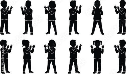 Children silhouettes clapping hands collection, kids applauding gestures set, happy childhood activity poses, boy and girl figures isolated on white background