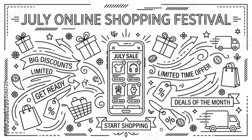 July Online Shopping Festival Doodle