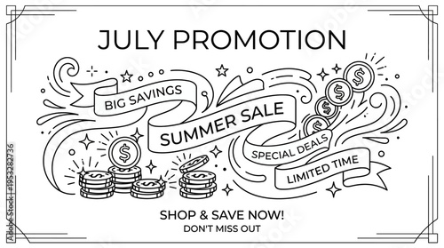 Summer Sale Promotion Banner with Cash and Ribbons