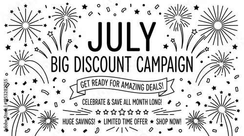 July Big Discount Campaign Banner with Fireworks