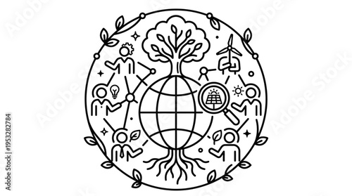Eco-Friendly Globe with People Tree and Renewable Energy