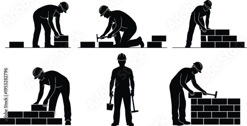 Bricklayer worker silhouettes laying bricks and hammering, masonry construction process stages, building wall activity, manual labor isolated on white background