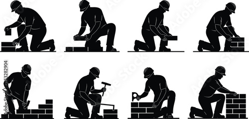 Bricklayer worker silhouettes laying bricks sequence, masonry construction process stages, wall building activity, manual labor concept isolated on white background