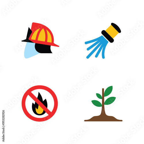 Firefighting and forest protection icon set with firefighter helmet, hose, no fire sign, and seedling.