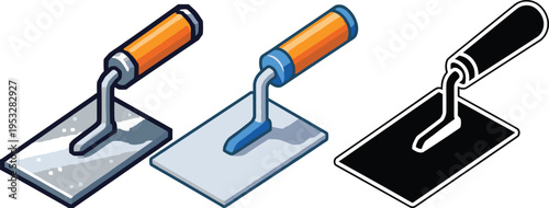 Masonry trowel tool set in isometric, flat and silhouette styles, construction equipment for plastering and bricklaying isolated on white background