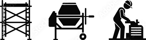 Construction equipment silhouettes with scaffolding, concrete mixer and compactor machine, building industry tools and machinery isolated on white background