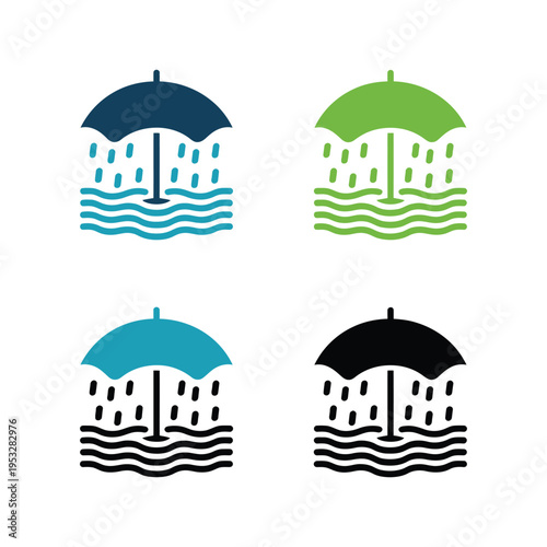 Waterproof protection icon set with umbrella, raindrops and water wave symbols in four colors.