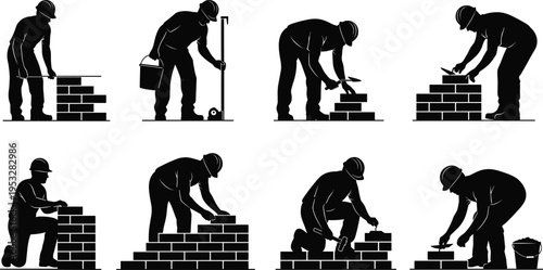 Bricklayer worker silhouettes building brick wall stages, masonry construction process with tools and alignment, manual labor concept isolated on white background