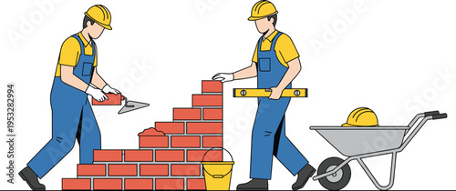 Construction workers building brick wall with tools, masonry process, level checking and material transport, building industry concept isolated on white background