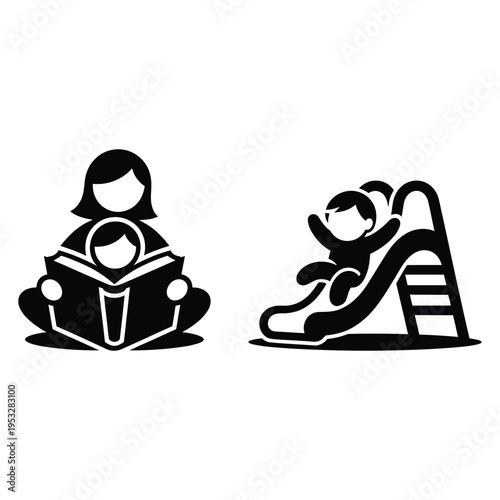 Mother reading with child and kid on playground slide silhouette vector icons.