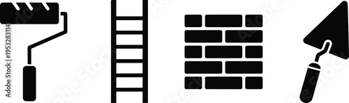 Construction tools icons set including paint roller ladder brick wall and trowel, building equipment symbols for renovation, masonry, home improvement and industry design