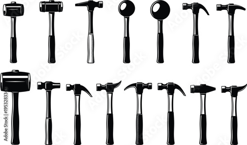 Collection of hammer tools silhouettes including claw, ball peen and mallet, carpentry and construction hand tools set for woodworking and industrial use