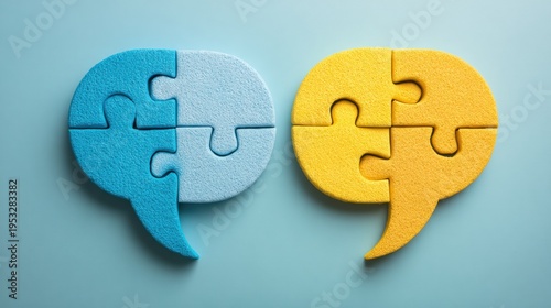 Two puzzle pieces come together to form a speech bubble symbolizing clear communication. Both pieces are on a blue background.