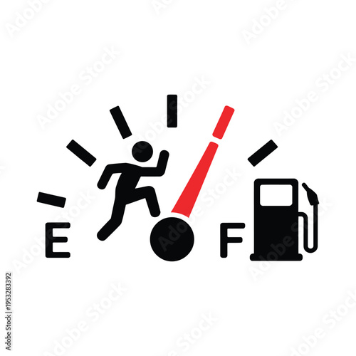 Fuel gauge low warning with running person and gas pump icon empty tank concept