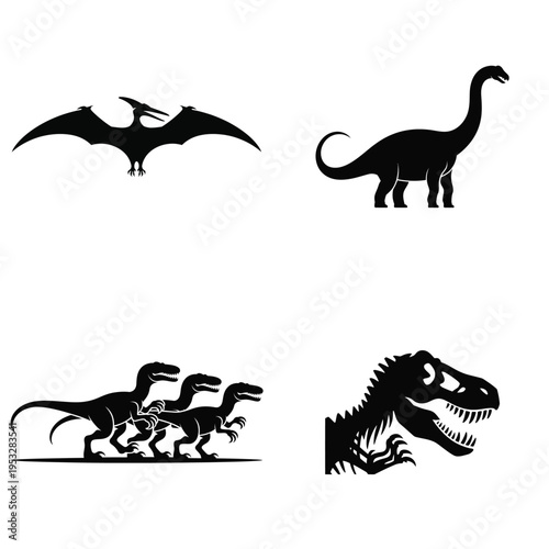 Dinosaur silhouette vector set featuring T-Rex, Brachiosaurus, Pterodactyl, and Raptor icons.